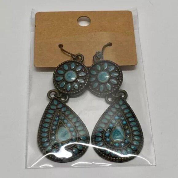 Turquoise Enamel Dangle Drop Earrings Coral Blue Bronze Tone Tear Drop 2 1/4” - Picture 10 of 10